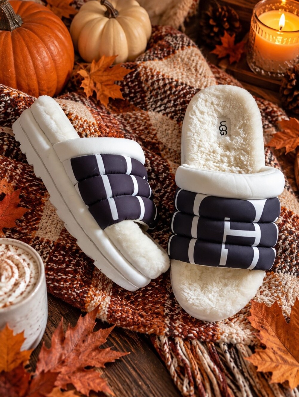 UGG Women's White and Black Quilted Shearling Slide Slippers
